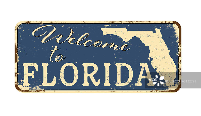 欢迎来到佛罗里达，一个磨损的蓝色牌匾上写着图片素材