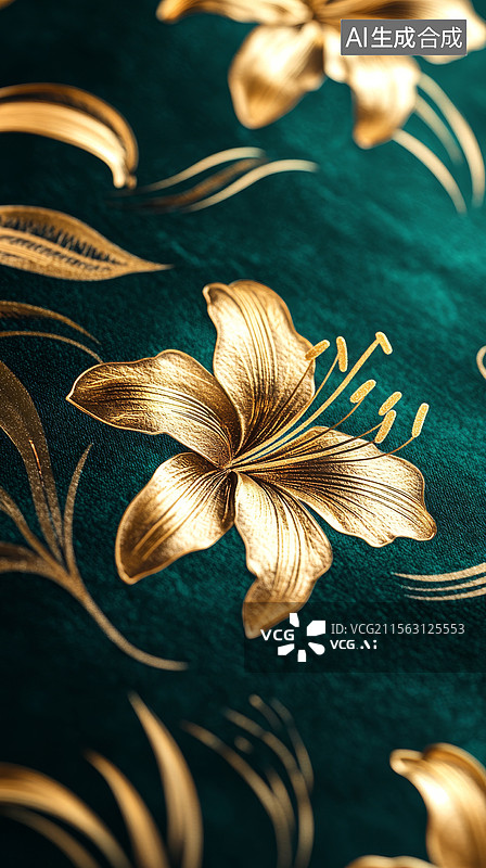 【AI数字艺术】纺织品上的金色百合装饰特写图片素材