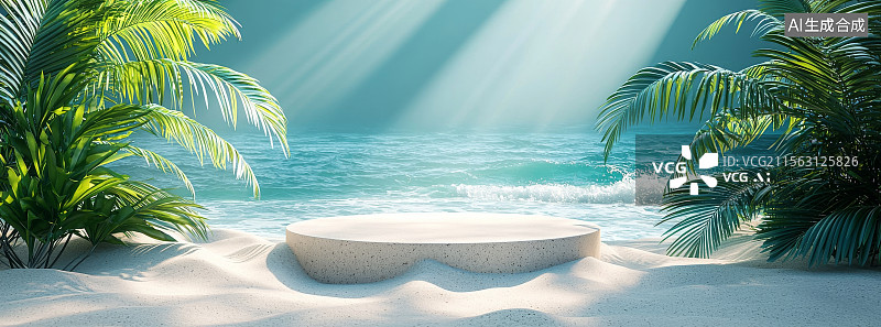 【AI数字艺术】热带海洋沙滩背景产品电商展台图片素材