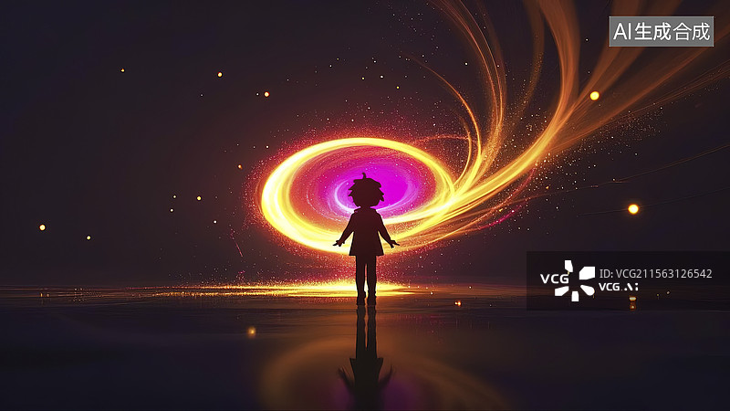【AI数字艺术】黑暗空间中光粒子环绕的卡通人物剪影图图片素材