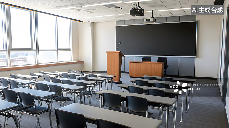 【AI数字艺术】自然光照亮的空教室与黑板讲台场景图片素材
