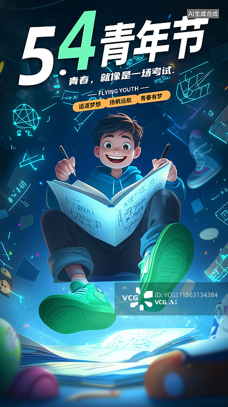 【AI数字艺术】54青年节海报模版 正青春 坐在书本上的少年 科学杂志上认真学习思考的学生场景  3D,C4D 竖版图片素材