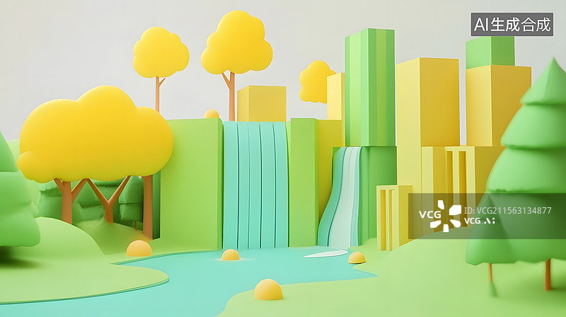 【AI数字艺术】3D卡通山川 瀑布背景插画图片素材