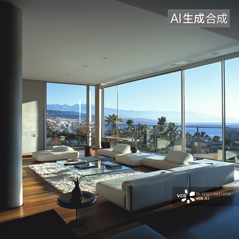 【AI数字艺术】现代客厅与城市景观图片素材