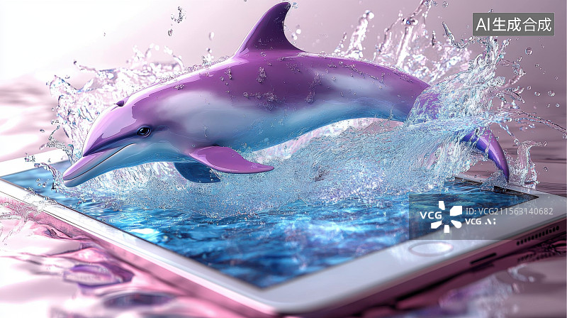 【AI数字艺术】海豚海水科技平板电脑虚拟现实AI大模型图片素材