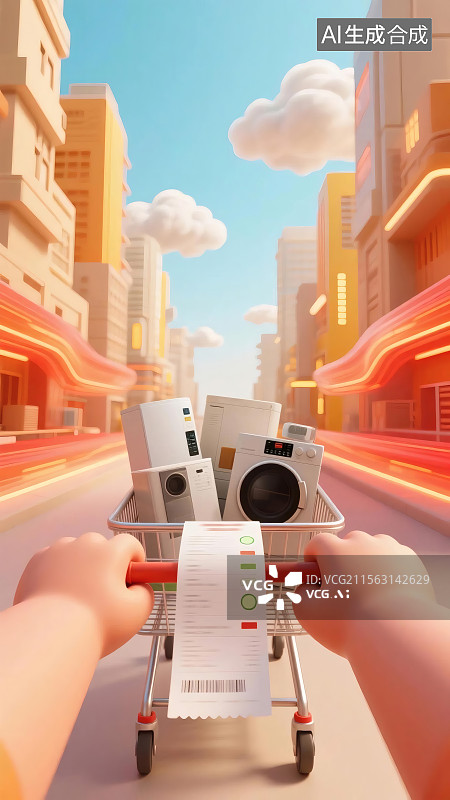 【AI数字艺术】购物车满载家电，背景是城市街道和蓝天白云图片素材
