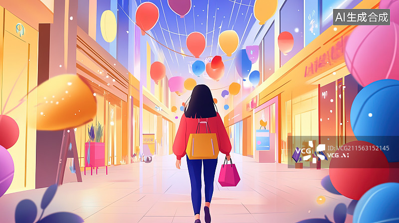 【AI数字艺术】购物节美女们穿着时尚提着购物袋穿梭在商场购物店间图片素材