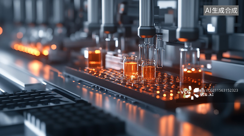 【AI数字艺术】药厂药品合成车间运行中的自动化生产线3D渲染图片素材