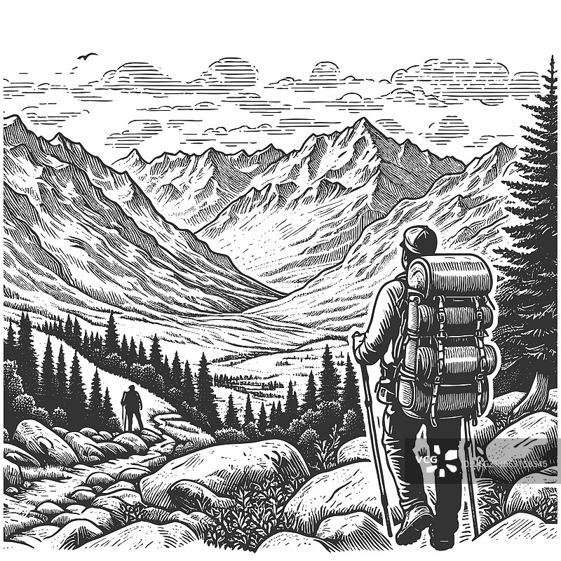 远足者俯瞰山谷的雕刻图片素材