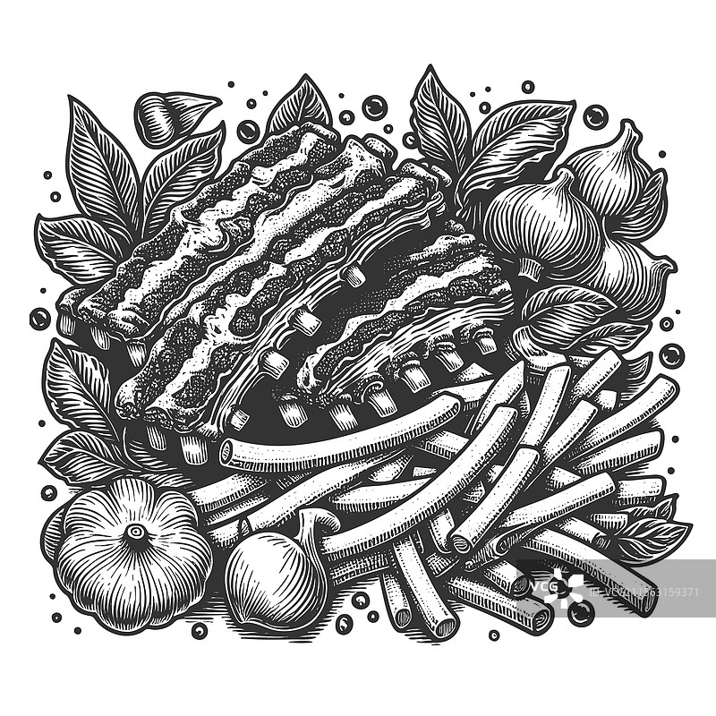 烤排骨配薯条和酱汁图片素材