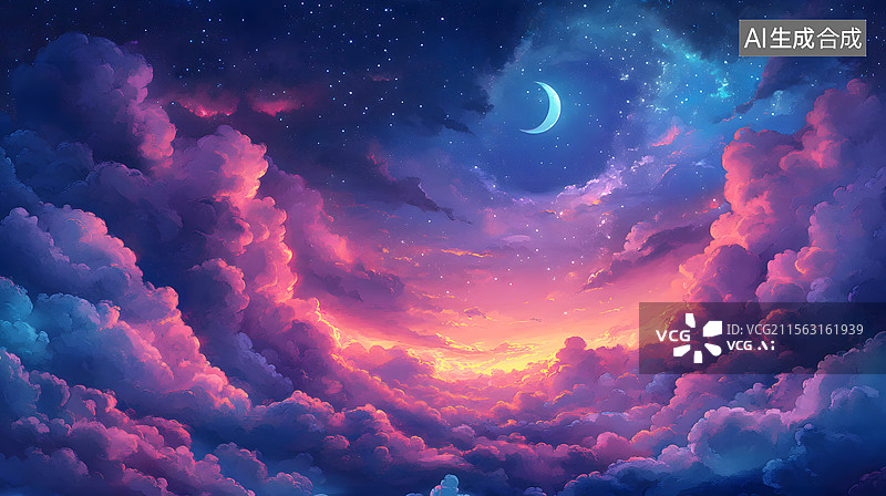 【AI数字艺术】AIGC：夜空中的星星和弯弯的月亮图片素材
