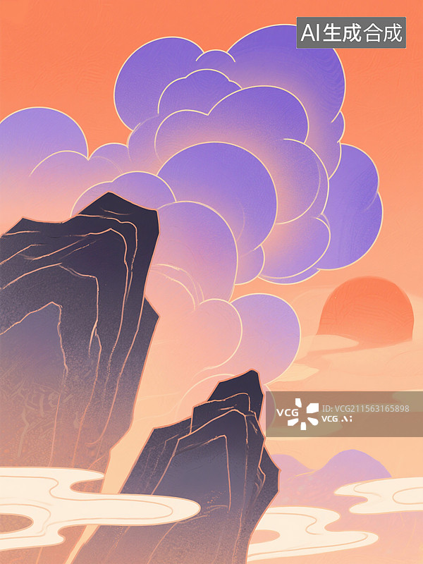 【AI数字艺术】极简新中式扁平插画背景空灵紫色云彩与岩石构图中国美学传统与现代元素橙色渐变与细腻纹理装饰画壁纸图片素材