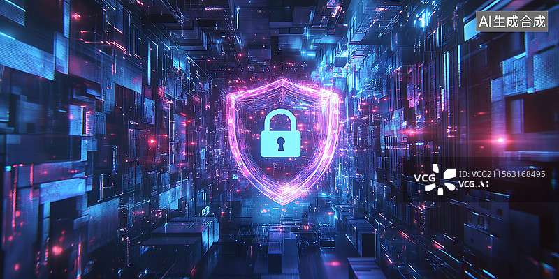 【AI数字艺术】科技感十足的网络安全防护盾牌标志虚拟场景图片素材