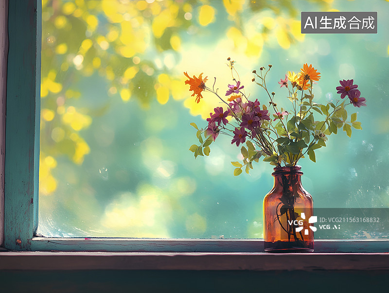 【AI数字艺术】窗台上的一瓶插花图片素材