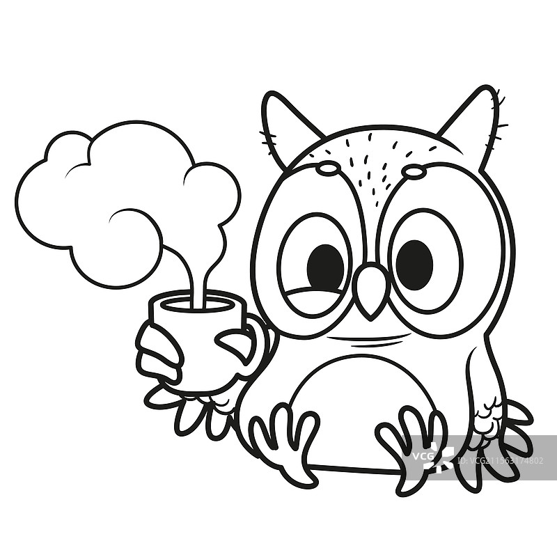 可爱的卡通小睡觉猫头鹰和咖啡杯图片素材