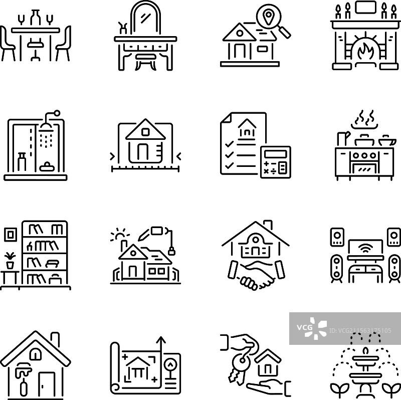 一组住房线条风格图标图片素材