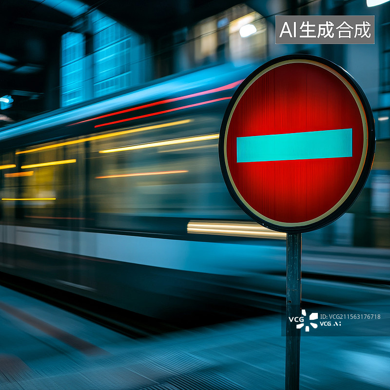 【AI数字艺术】禁止通行标志与行驶中的列车图片素材