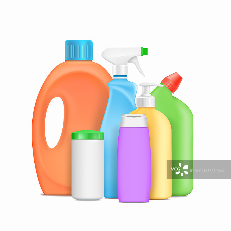 装有洗涤剂的彩色塑料瓶图片素材