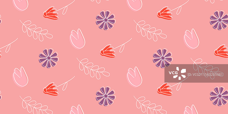 粉色背景上的手绘花朵和叶子图片素材