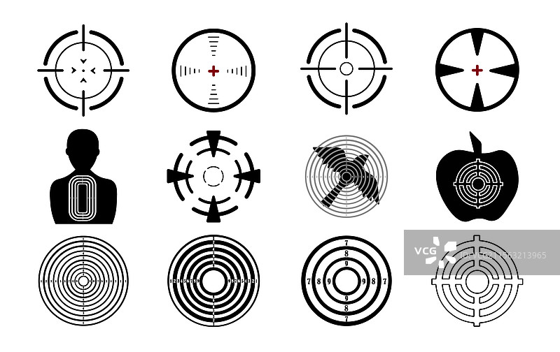 一组黑色靶子和瞄准器图标图片素材