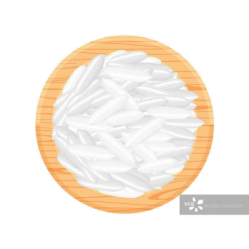 生米种子放在圆形木盘上，背景为白色图片素材