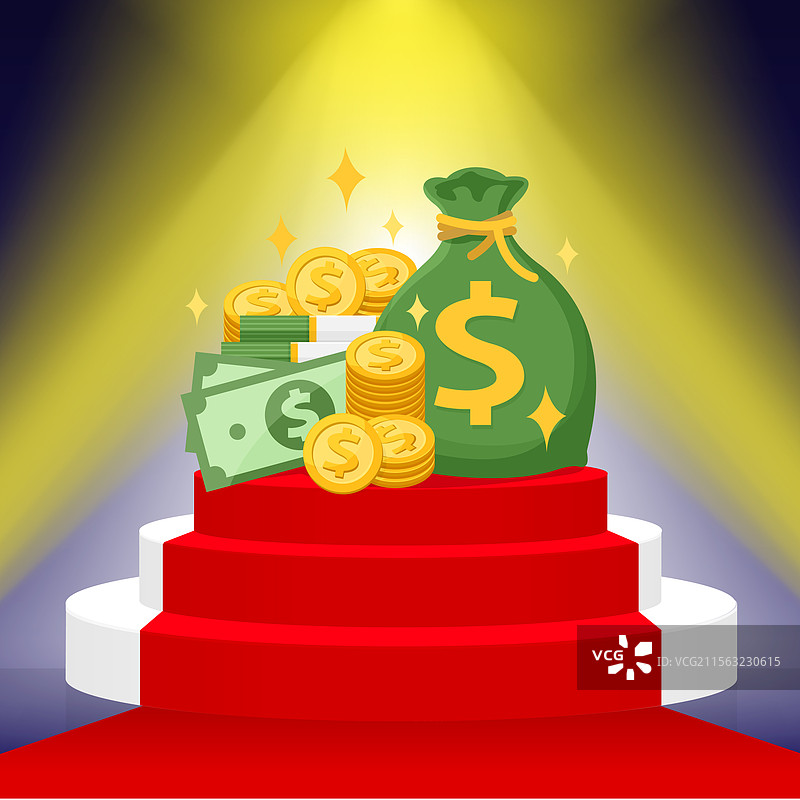 成功概念的金钱堆和光芒照耀图片素材