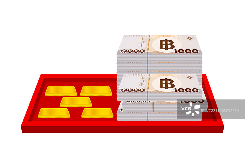 金条和堆叠的泰铢纸币 黄金原料和图片素材