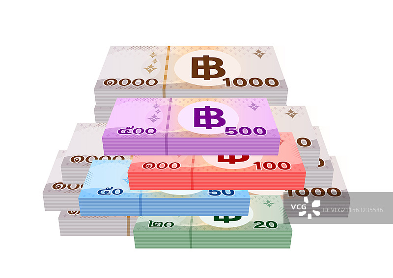 一堆泰铢纸币，包括1000、500、100和50泰铢。图片素材