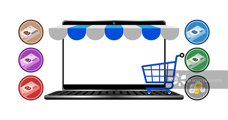 泰铢图标和笔记本电脑图片素材