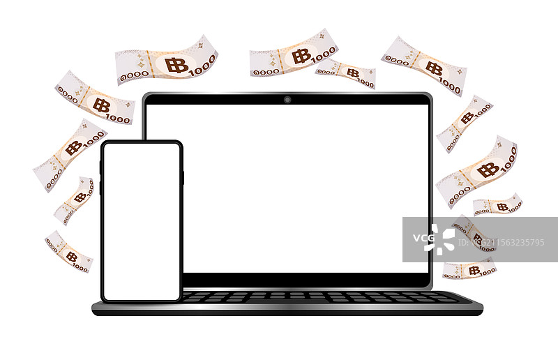 泰国1000铢纸币与飞翔的智能手机图片素材