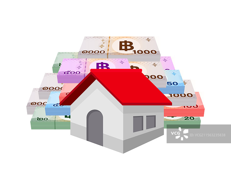 一堆泰铢纸币和房子图片素材