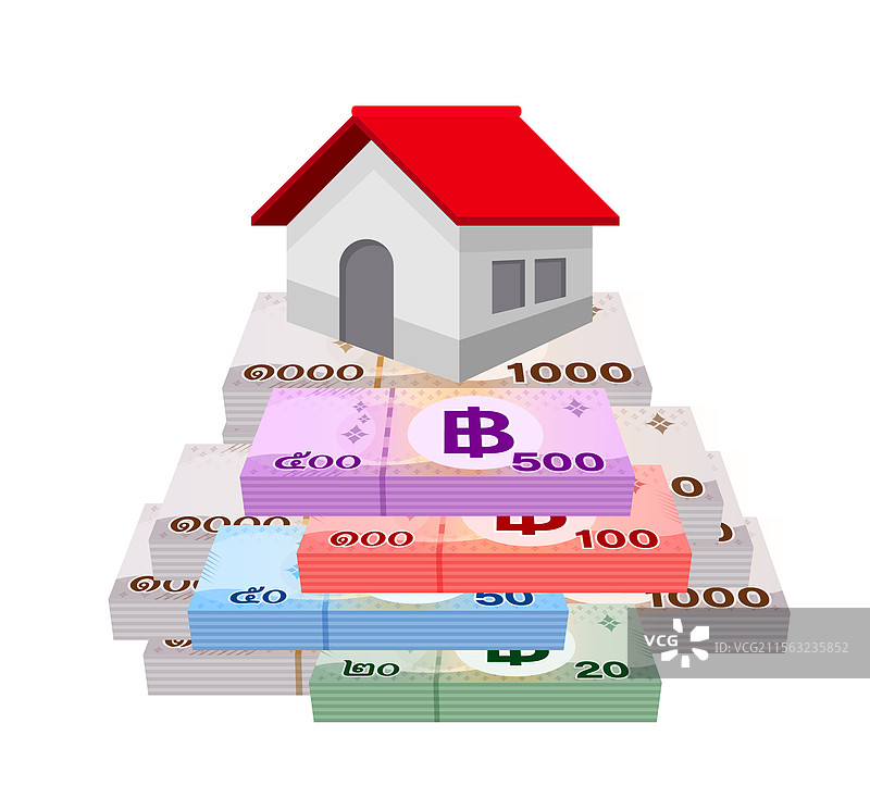 一堆泰铢纸币和房子图片素材
