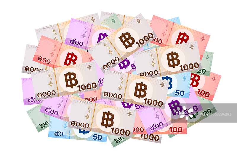 泰铢钞票堆叠，孤立在白色背景上图片素材