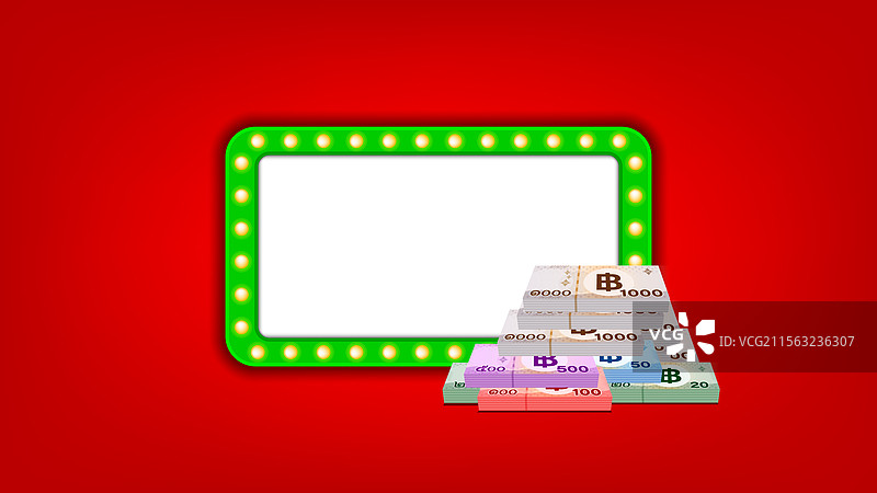 堆叠的泰铢钞票和发光的绿色光芒图片素材