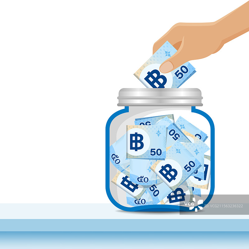 手中握着的50泰铢纸币与玻璃瓶图片素材