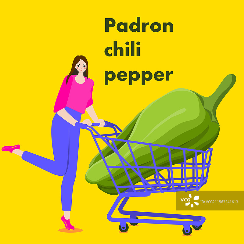 一位女性手持装有帕德龙辣椒的购物车图片素材