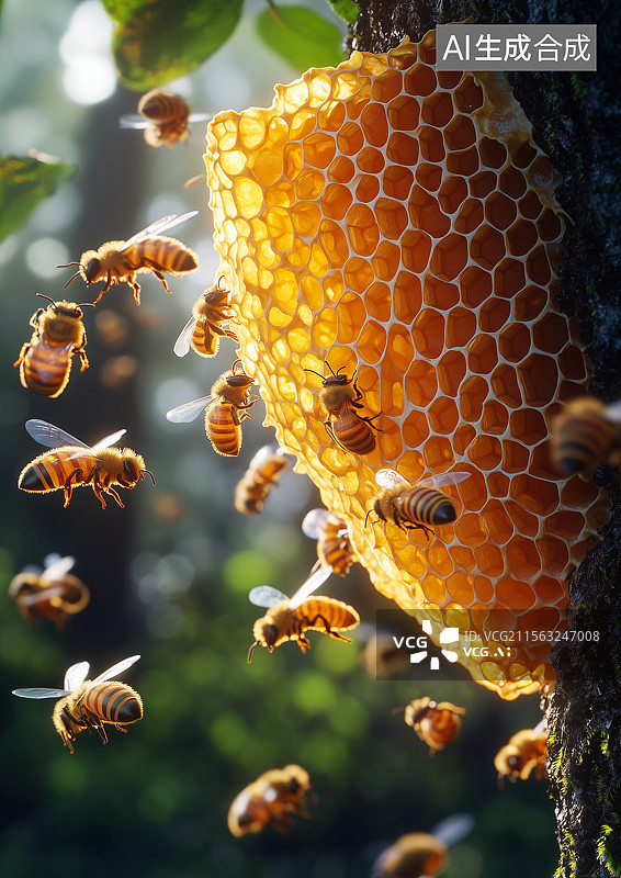 【AI数字艺术】蜂巢周围飞舞着蜜蜂图片素材