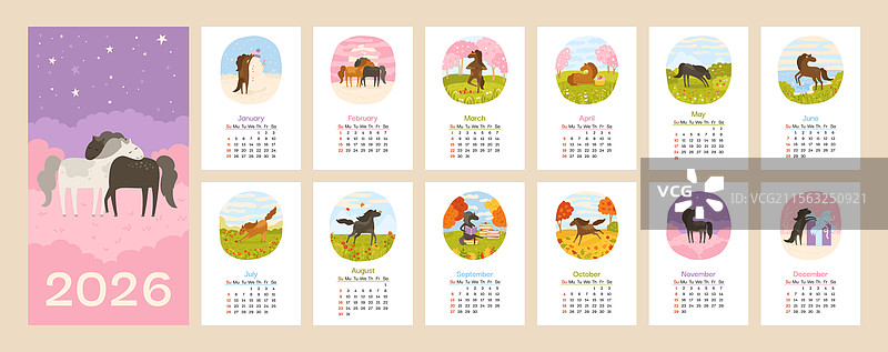 2026年马年吉祥物竖版日历模板图片素材