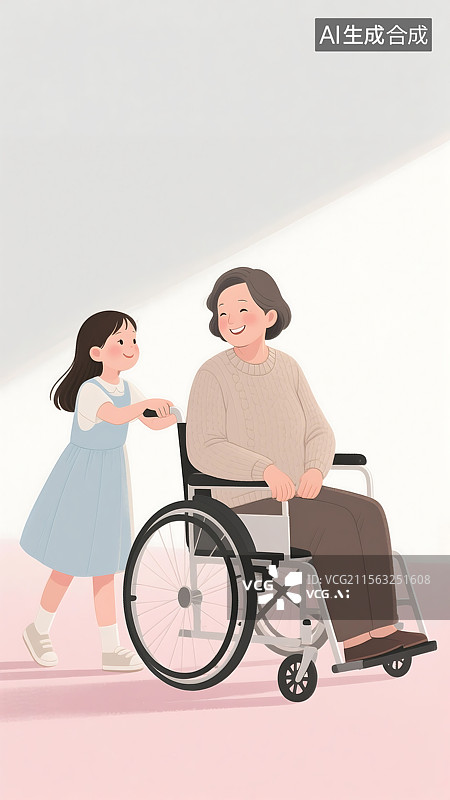 【AI数字艺术】女孩推着残疾人轮椅 残疾人 全国助残日 关爱残疾人 慈善 海报素材 插画图片素材