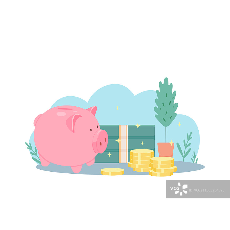 储蓄罐置于纸币和硬币的背景上图片素材