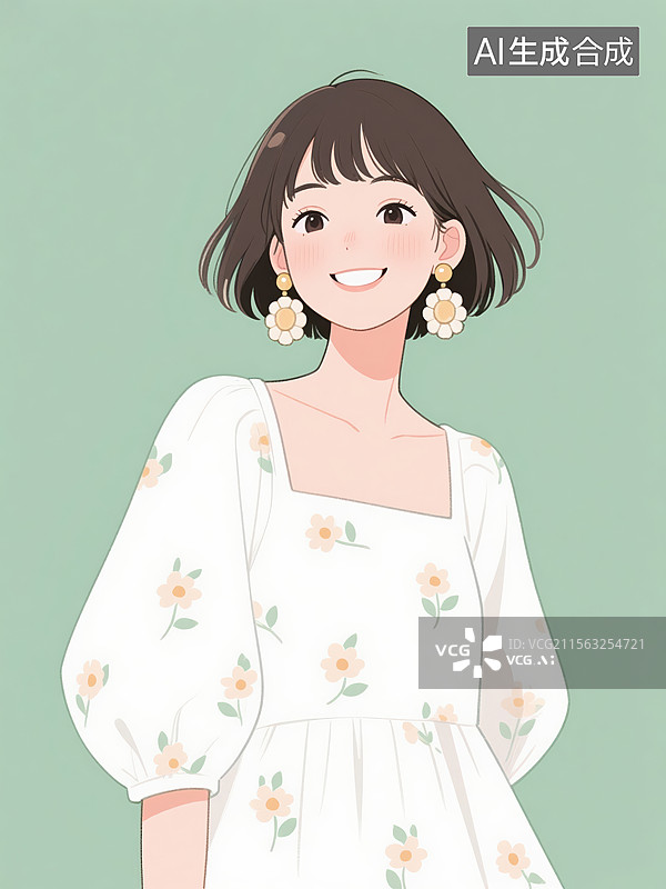 【AI数字艺术】卡通短发女孩甜美插画图片素材