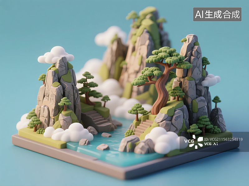 【AI数字艺术】卡通立体山水微缩景观图片素材