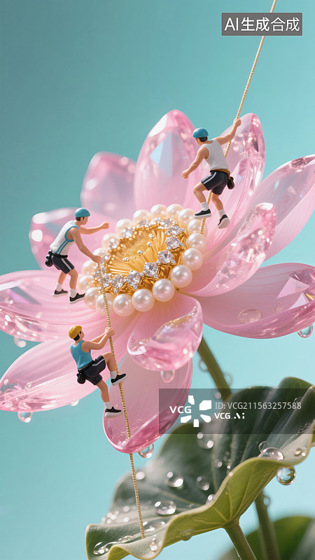 【AI数字艺术】三个登山队员在粉红的荷花上攀登图片素材