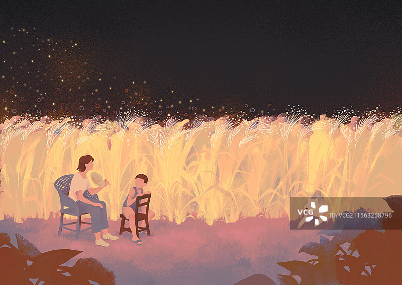 夏季夜晚母子在芒花边乘凉图片素材