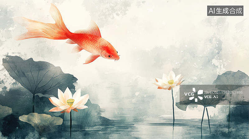 【AI数字艺术】中国风荷塘金鱼水墨画图片素材