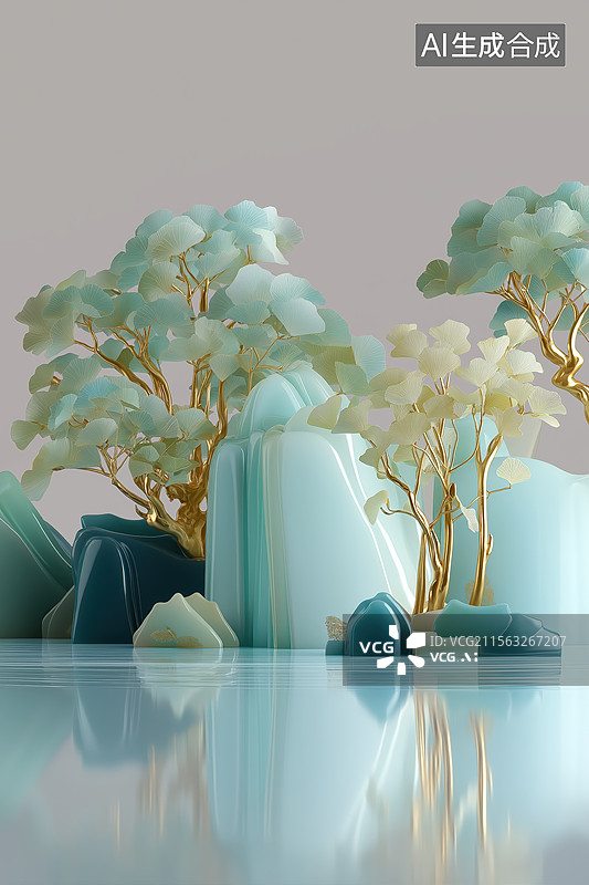 【AI数字艺术】湖畔秋树风景画图片素材