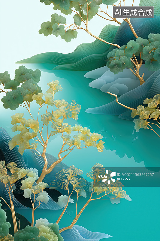 【AI数字艺术】湖畔秋树风景画图片素材