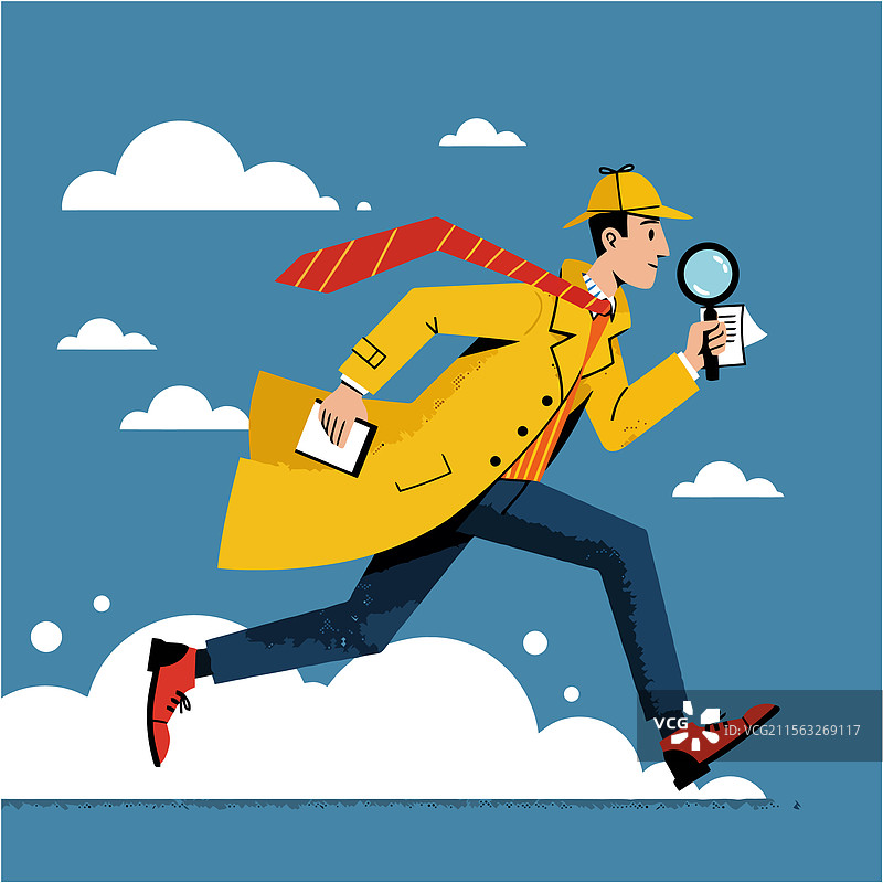 侦探在阴云密布的天气中奔跑，手持放大镜图片素材