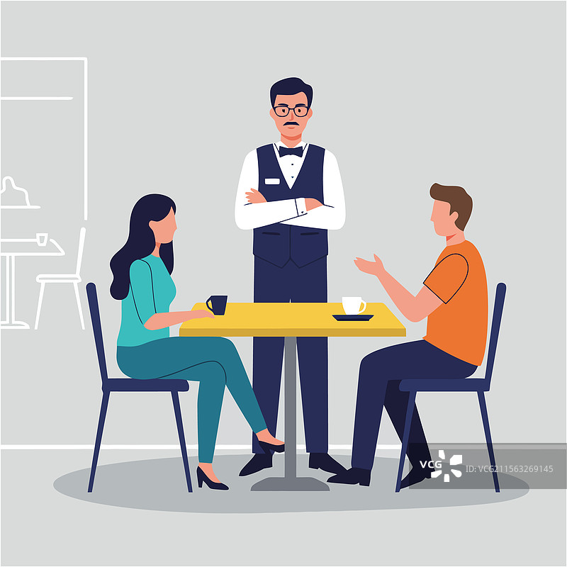 情侣在咖啡店与服务员交谈图片素材