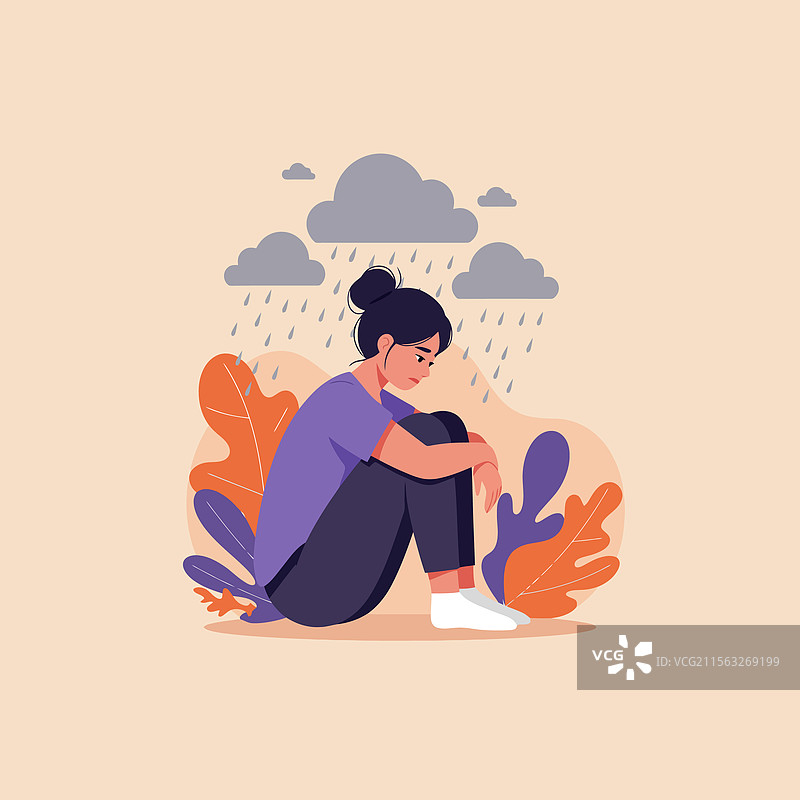 悲伤的女人坐在暴风云下，表达情感图片素材